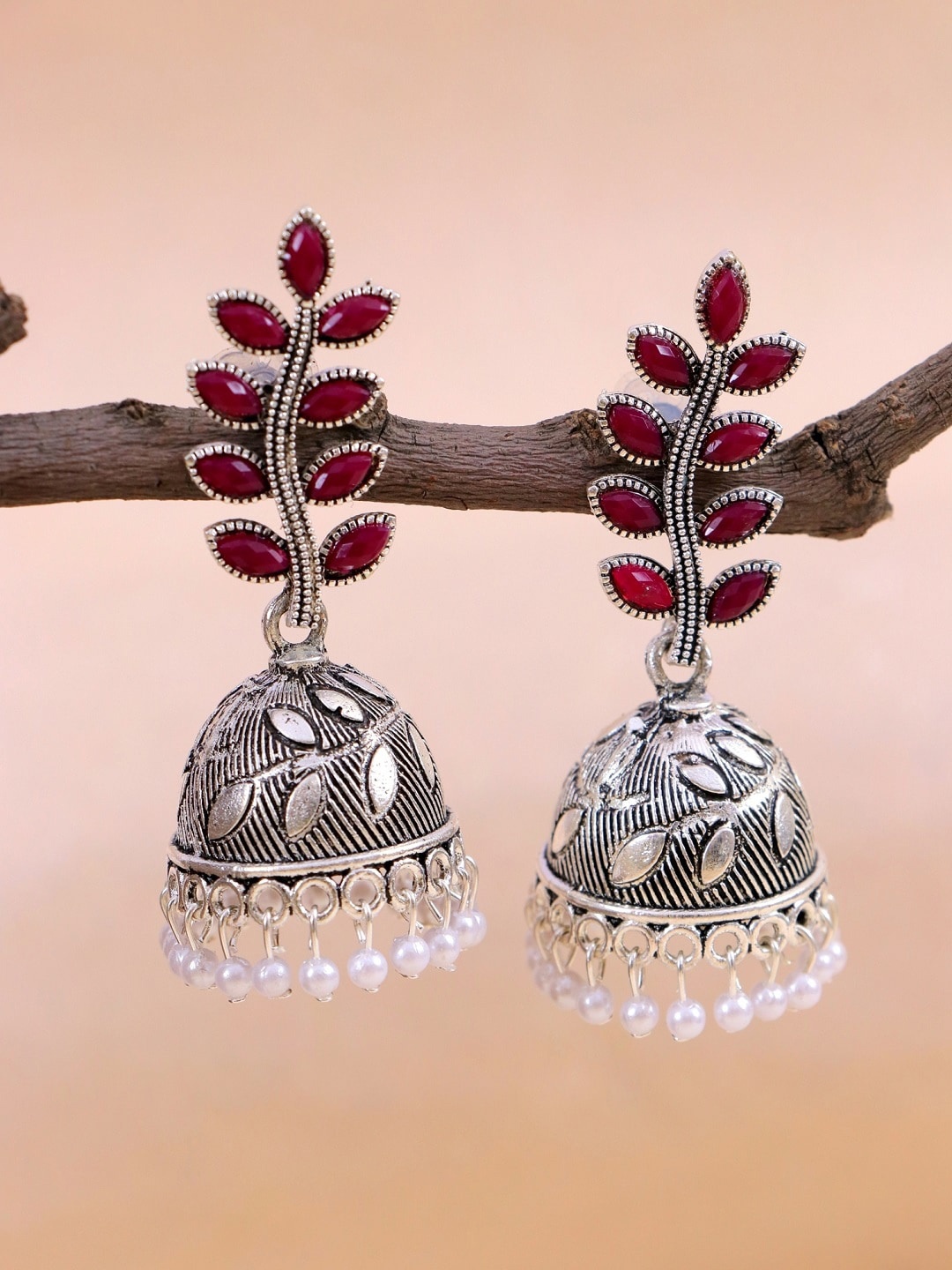 

Crunchy Fashion Maroon & Oxidized Silver-Plated Leaf Stone-Studded Jhumkas Earrings