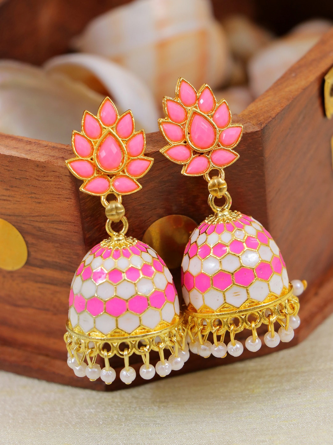 

Crunchy Fashion Pink Gold Plated Meenakari Domed Jhumka Earrings
