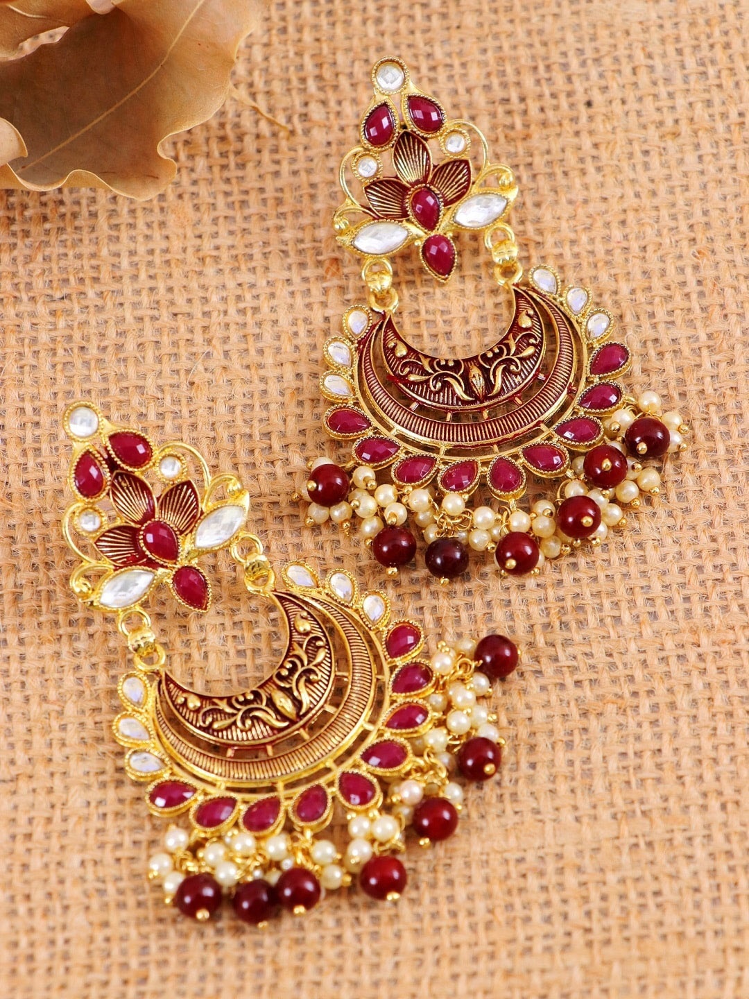 

Crunchy Fashion Gold-Plated & Maroon Contemporary Meenakari Chandbalis Earrings