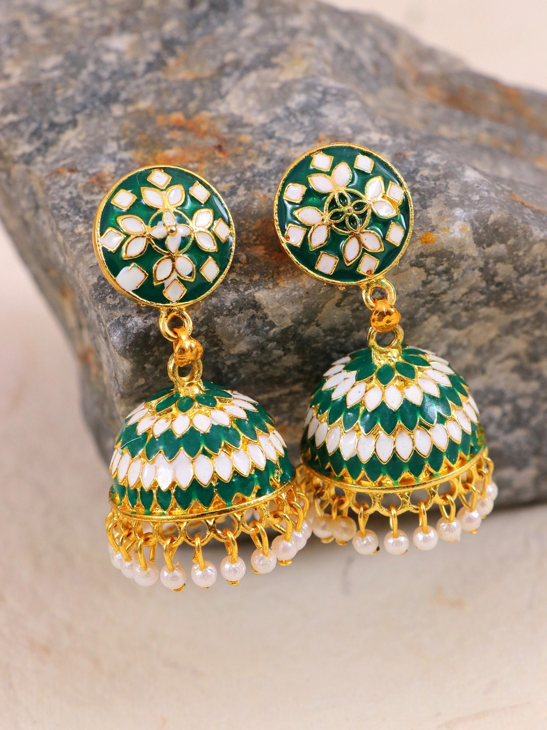 

Crunchy Fashion Gold-Plated Green & White Enamelled Jhumka Earrings
