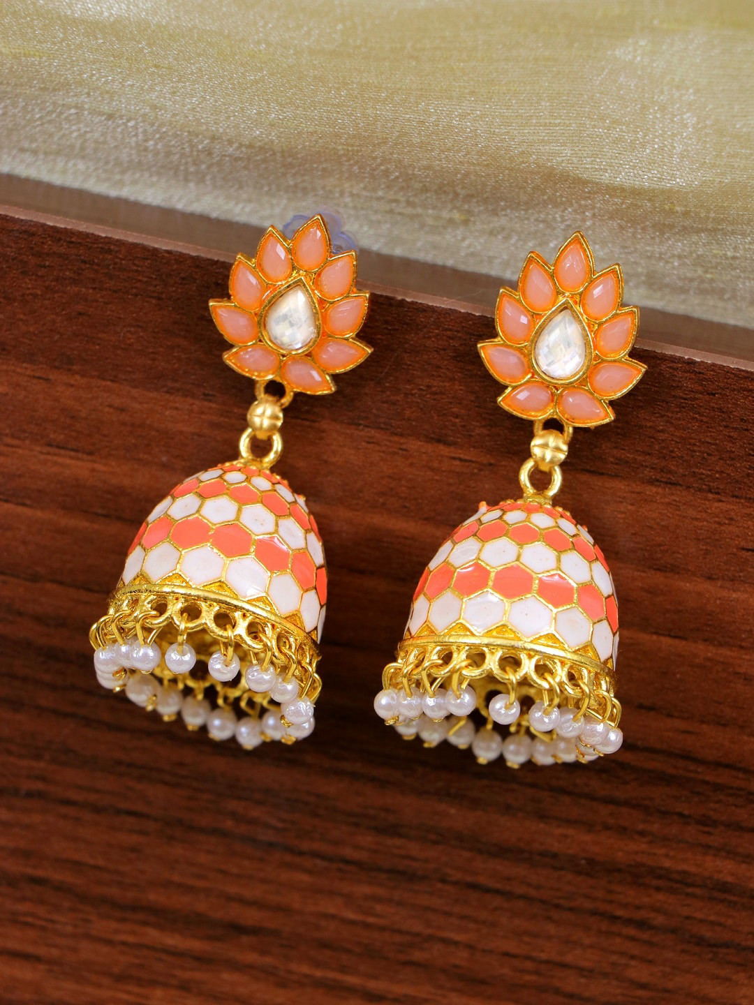 

Crunchy Fashion Peach-Coloured & White Meenakari Jhumkas Earrings