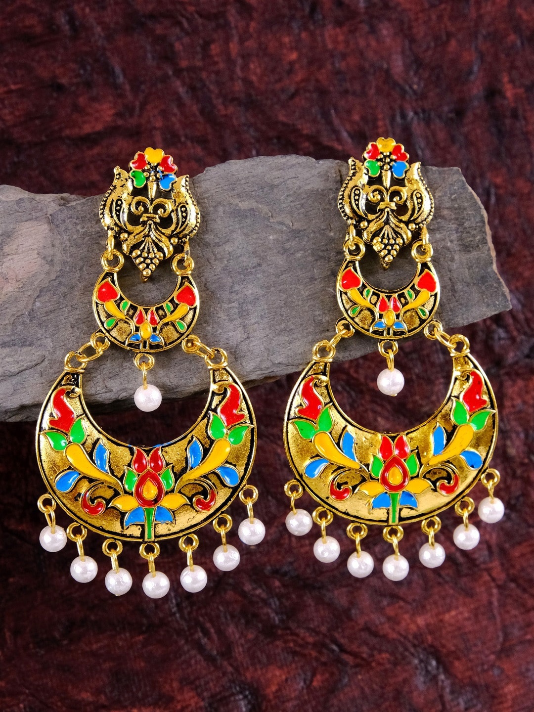 

Crunchy Fashion Multicoloured & Gold-Plated Meenakari Chandbali Earrings, Multi