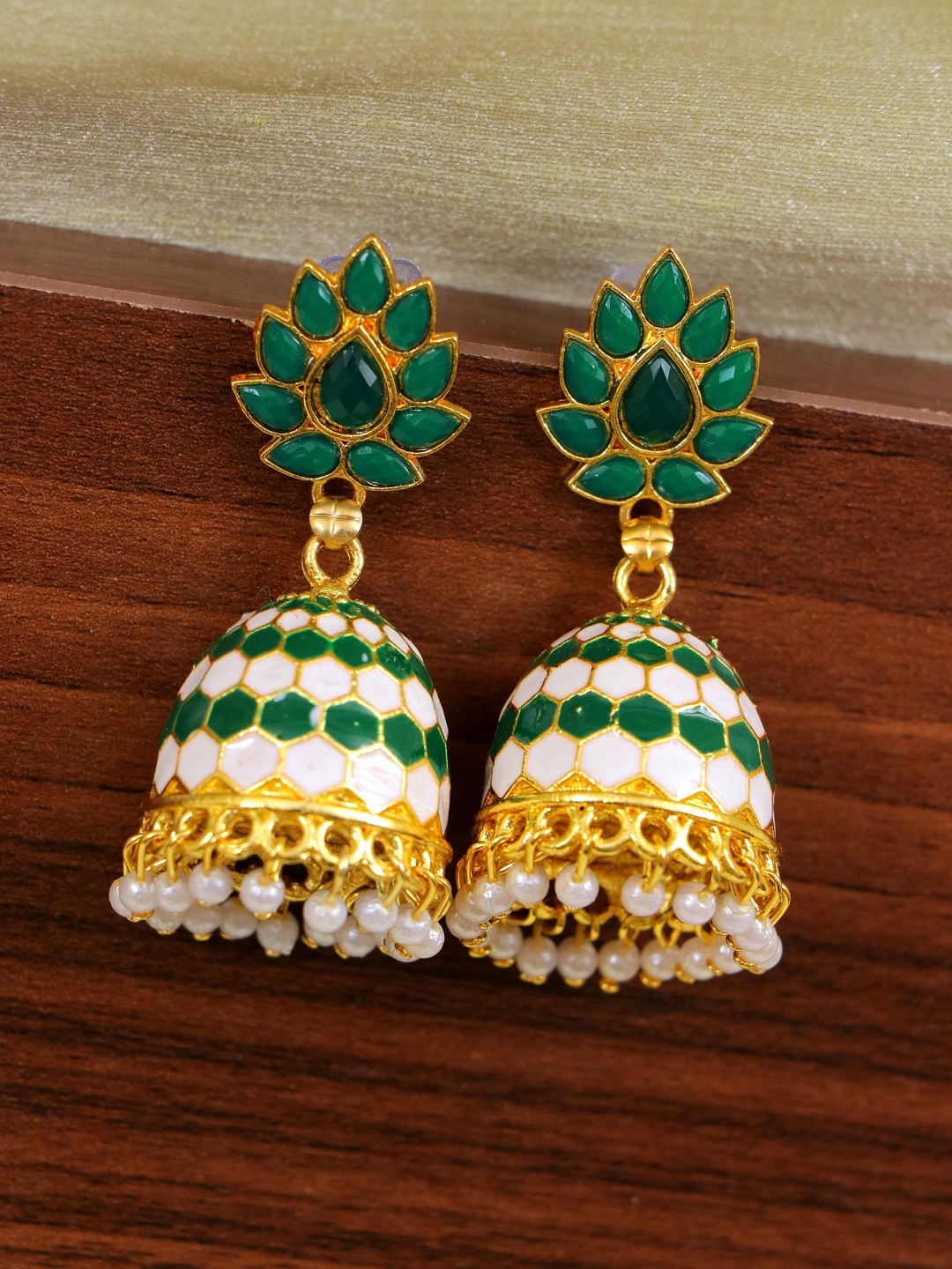 

Crunchy Fashion Green & White Meenakari Contemporary Jhumkas Earrings