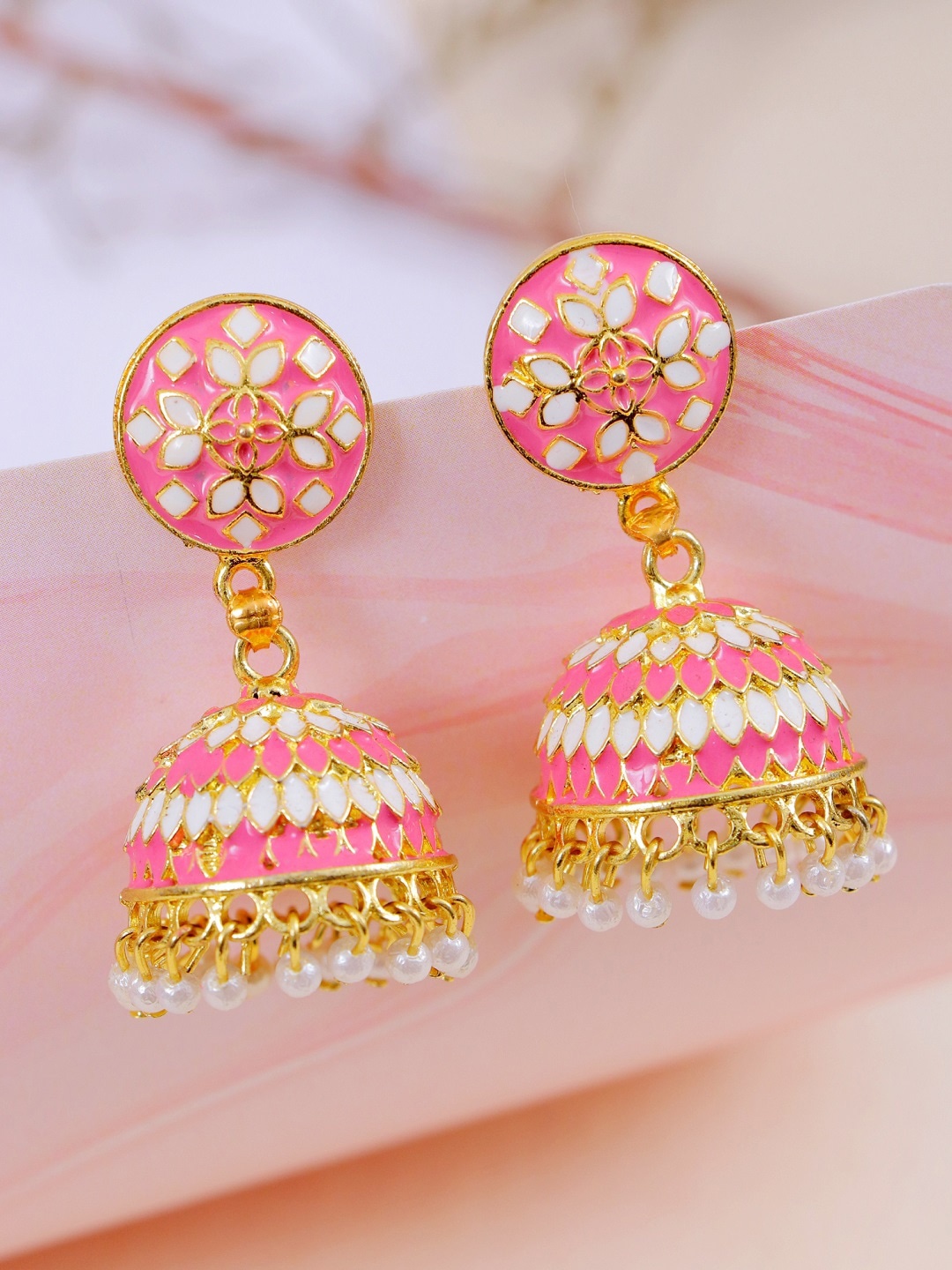 

Crunchy Fashion Pink & Gold-Toned Gold-Plated Contemporary Jhumkas Earrings