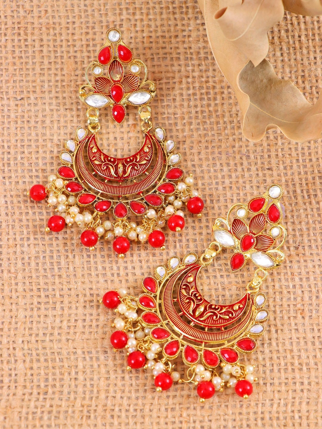 

Crunchy Fashion Gold-Plated Red & White Contemporary Meenakari Chandbalis Earrings