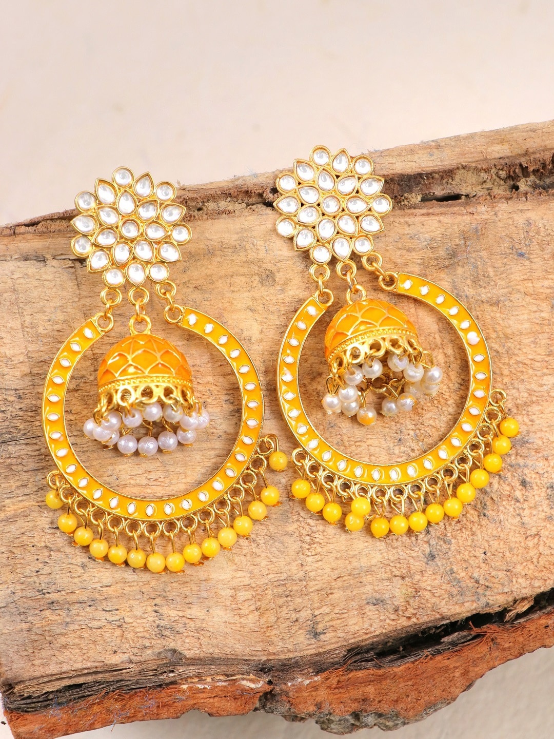 

Crunchy Fashion Gold-Toned & White Yellow Kundan Contemporary Chandbalis Earrings