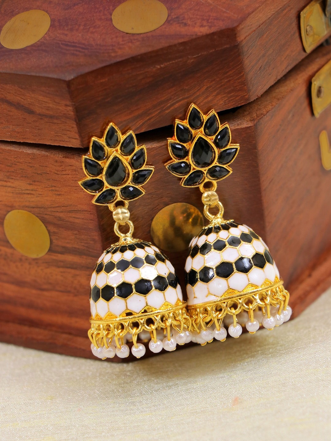 

Crunchy Fashion Black & White Gold Plated Meenakari Jhumkas Earrings