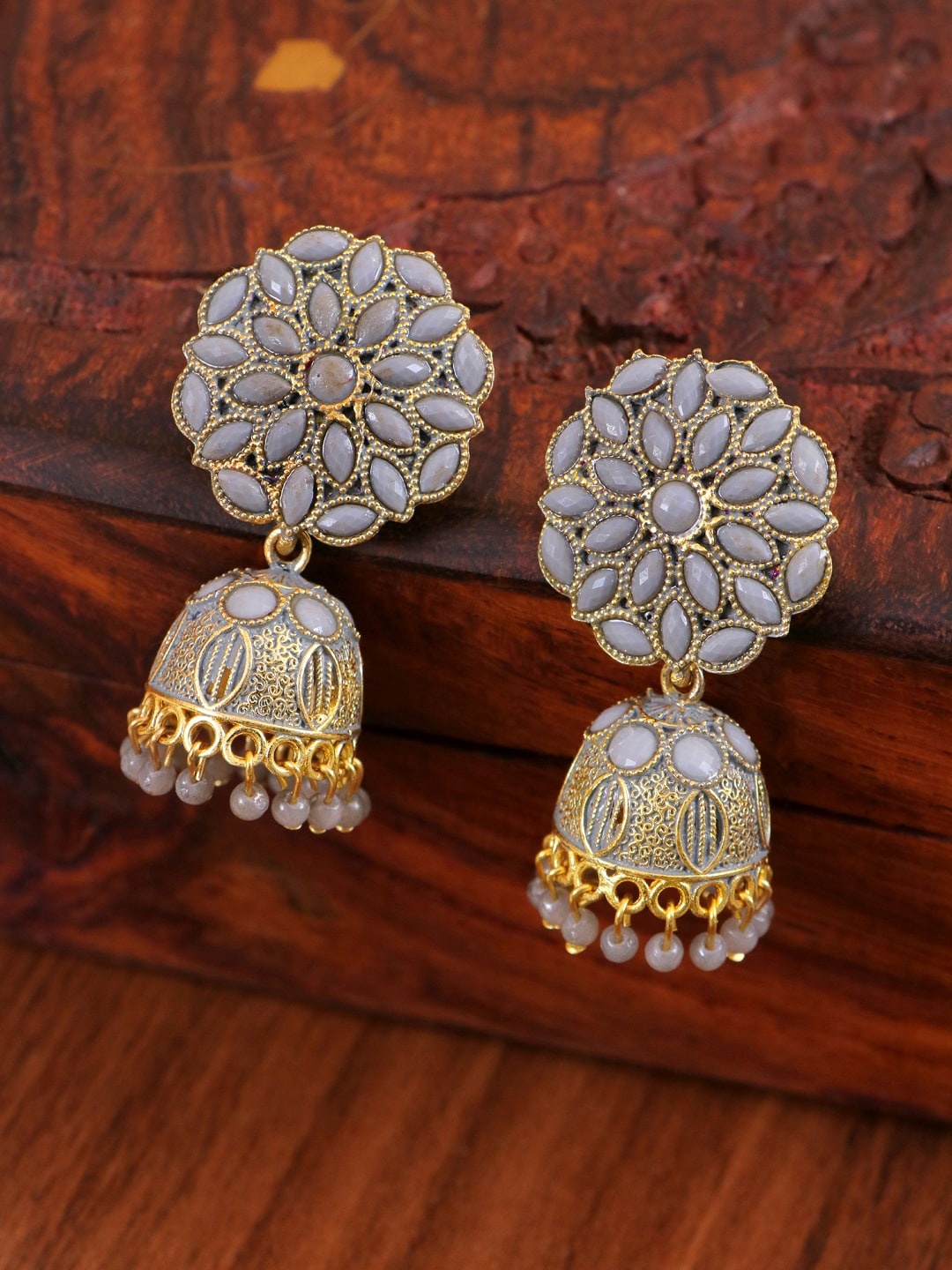 

Crunchy Fashion Gold-Plated & Grey Jhumkas Earrings