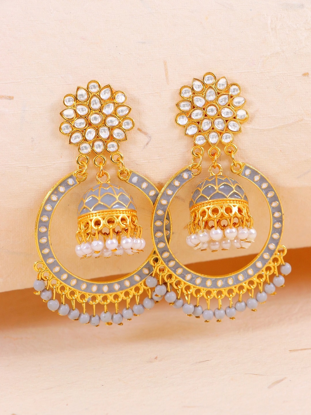

Crunchy Fashion Grey & Gold-Plated Contemporary Jhumkas Earrings