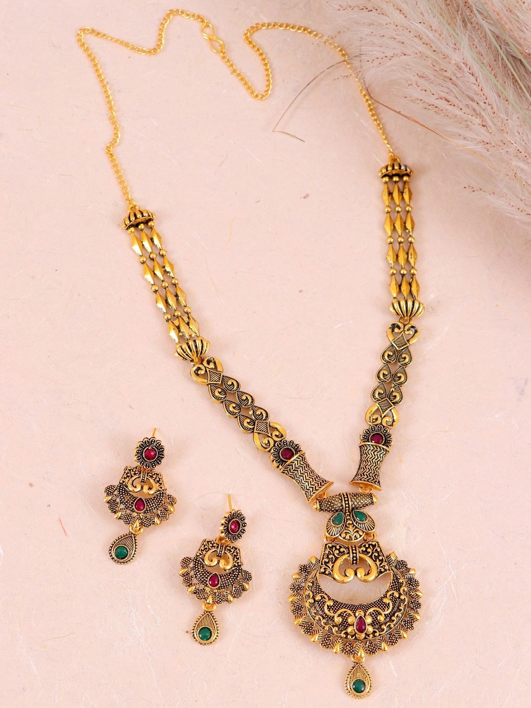 

Crunchy Fashion Gold-Plated Red & Green Stone-Studded Beaded Antique Jewellery Set