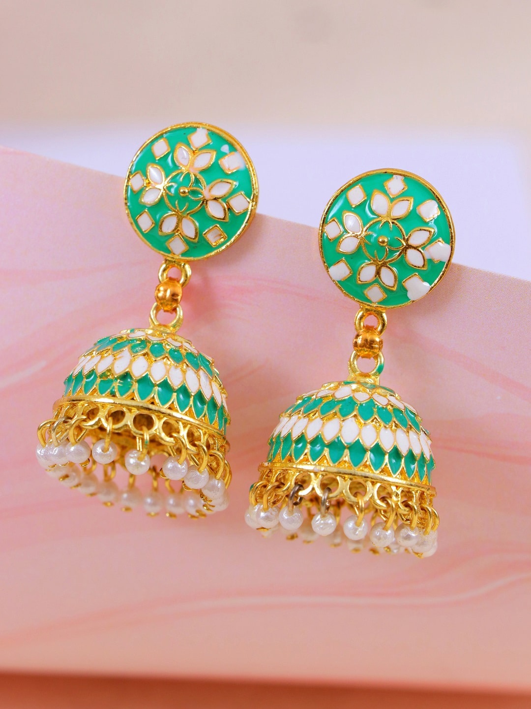 

Crunchy Fashion Green & White Meenakari Contemporary Jhumkas Earrings