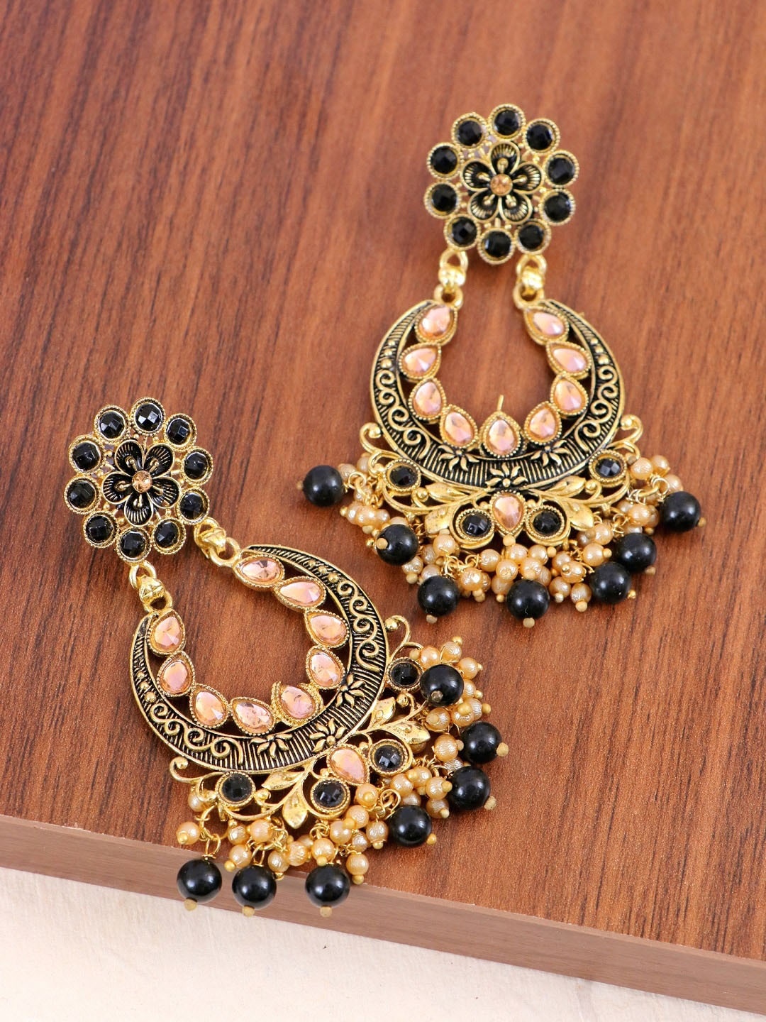 

Crunchy Fashion Gold-Plated Blue & Peach-Coloured Chandbalis Earrings