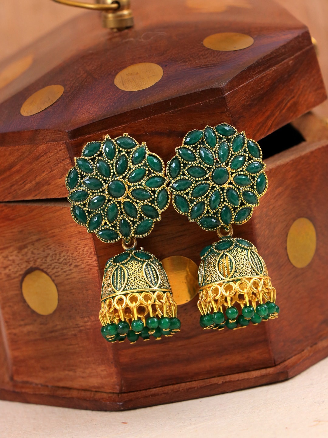 

Crunchy Fashion Gold-Toned & Green Stone Studded Contemporary Jhumkas Earrings