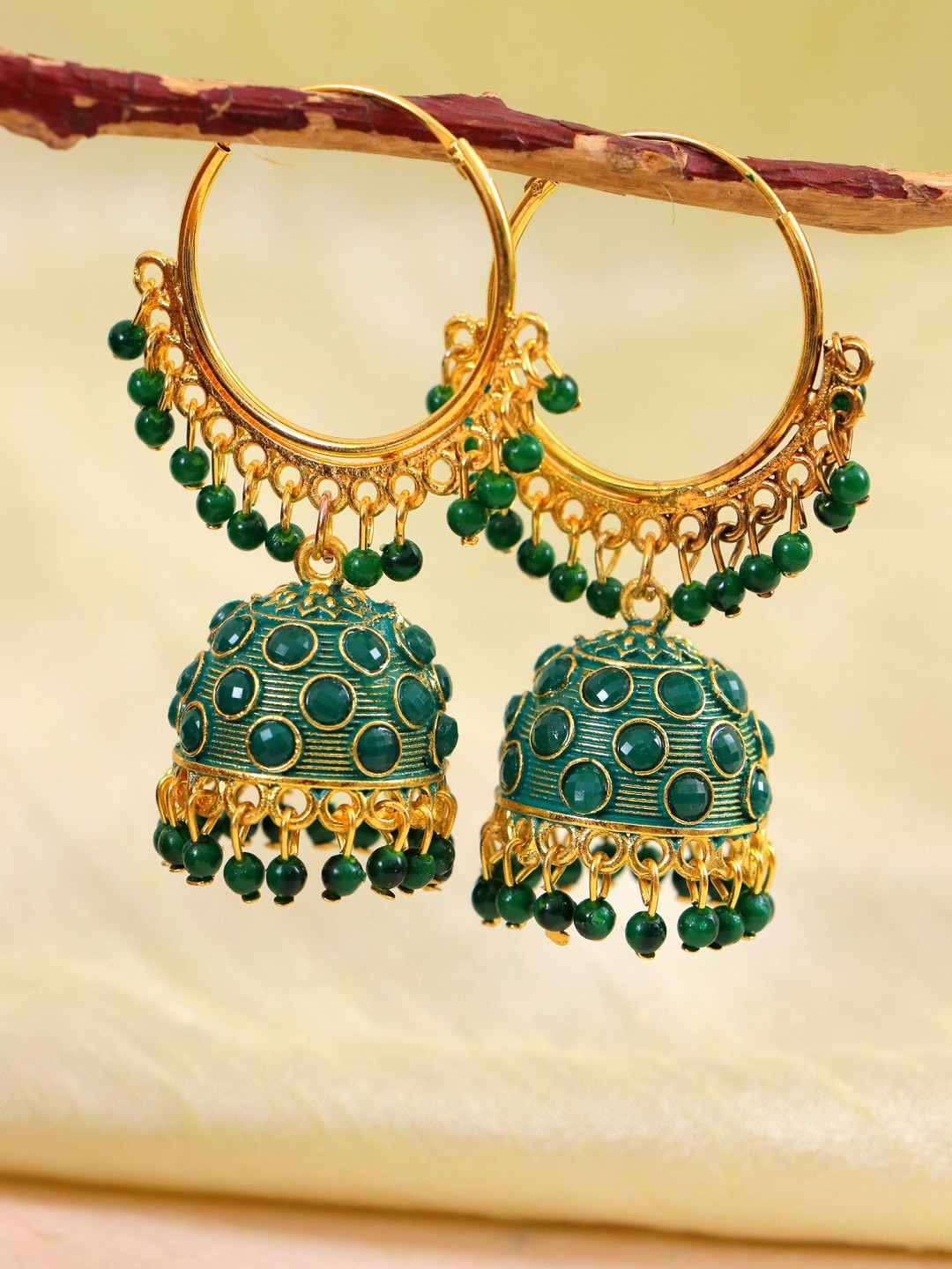

Crunchy Fashion Green Gold-Plated Hoop Jhumkas Earrings