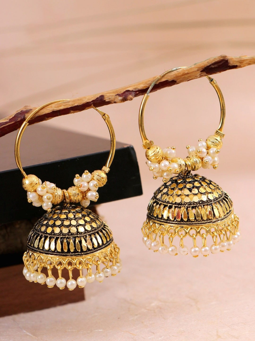 

Crunchy Fashion Gold-Toned & White Contemporary Jhumkas Earrings