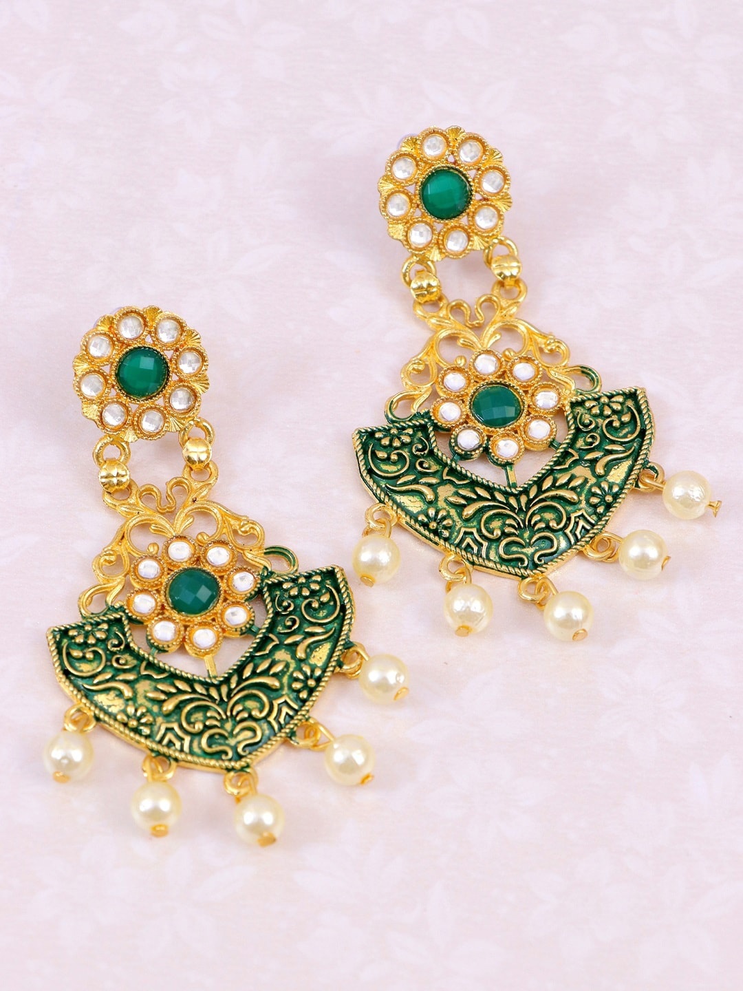 

Crunchy Fashion Green Gold-plated Green Kundan Studded Drop Earrings