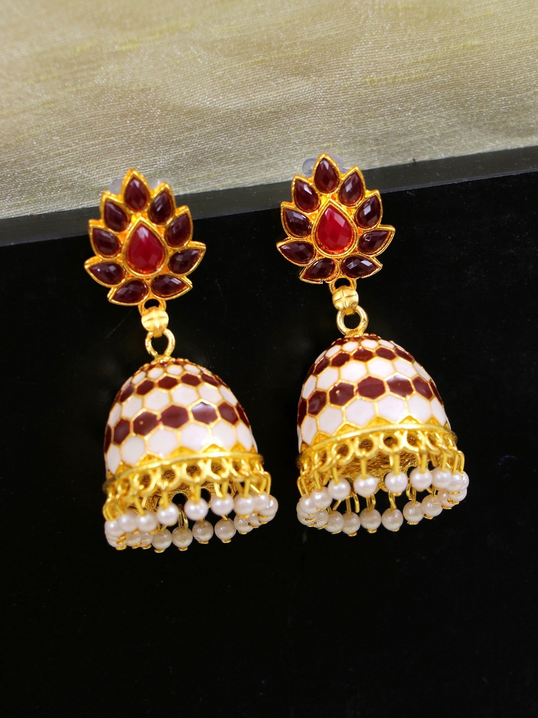 

Crunchy Fashion Maroon & White Meenakari Contemporary Jhumkas Earrings