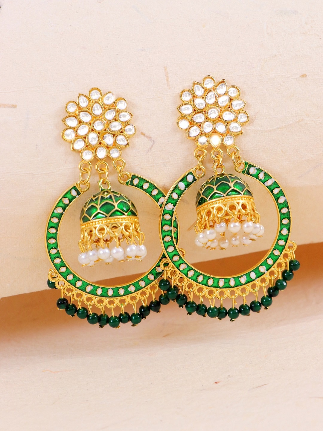 Crunchy Fashion Green & Gold-Toned Contemporary Gold-Plated Chandbalis Earrings