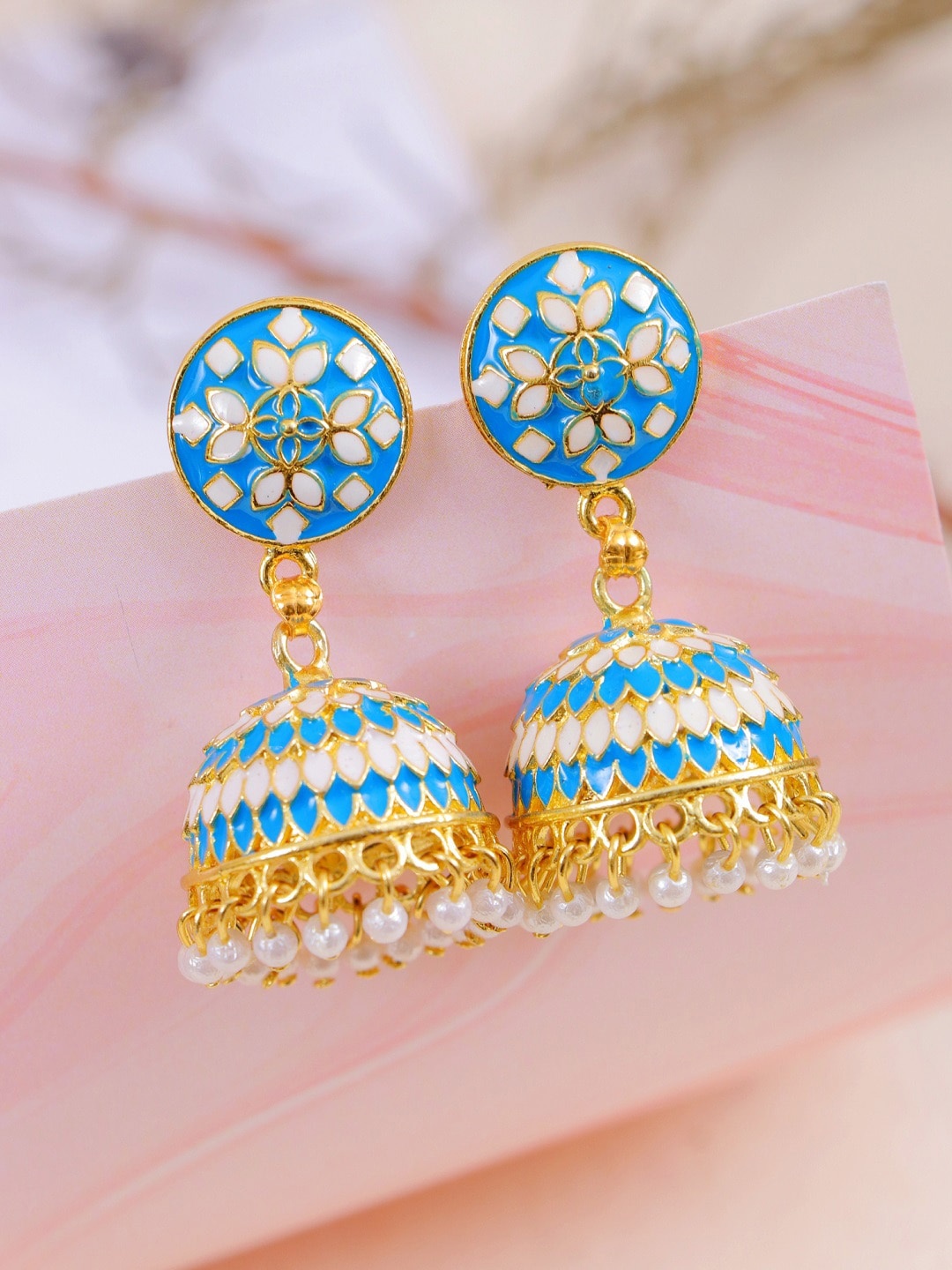 

Crunchy Fashion Blue Enamelled Dome Shaped Jhumkas Earrings