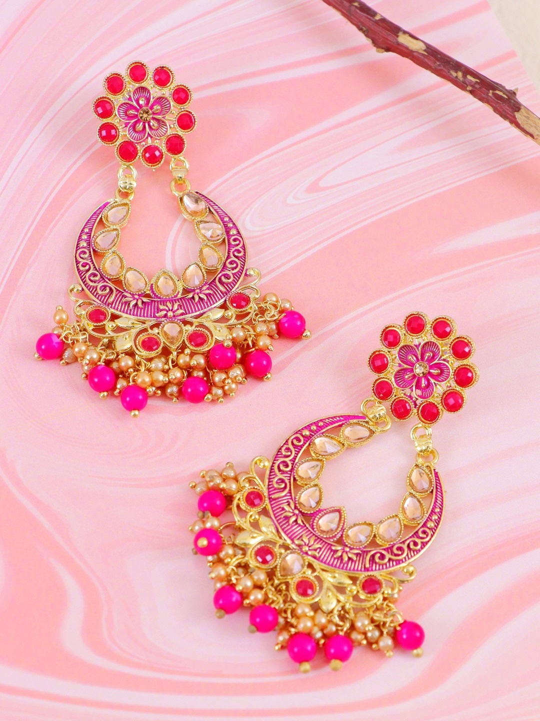 Crunchy Fashion Pink & Gold Contemporary Chandbalis Earrings