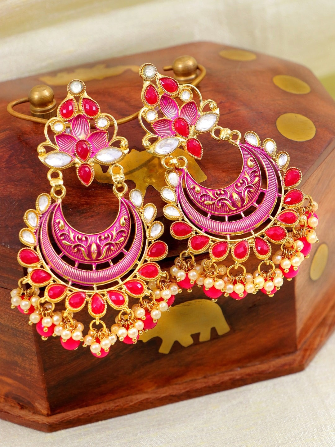 

Crunchy Fashion Gold-Plated Pink & Red Meenakari & Kundan Studded Chandbalis Earrings