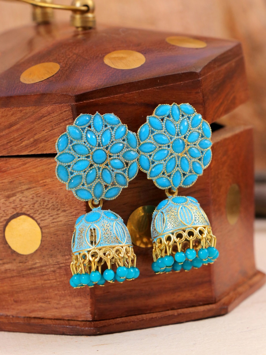 

Crunchy Fashion Blue & Gold-Plated Blue Stone Studded Floral Jhumka Earrings