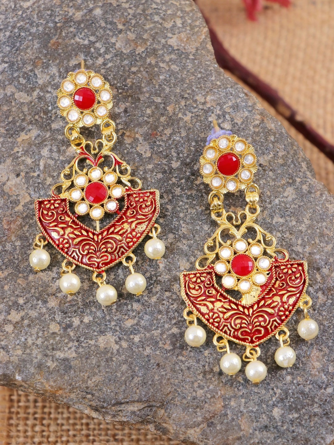 

Crunchy Fashion Red & Gold-Toned Contemporary Gold-Plated Chandbalis Earrings