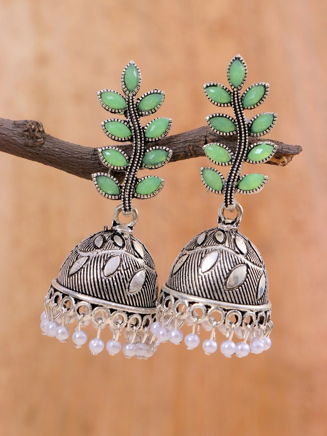 

Crunchy Fashion Oxidised Silver-Plated Green Leaf Shaped Jhumkas Earrings