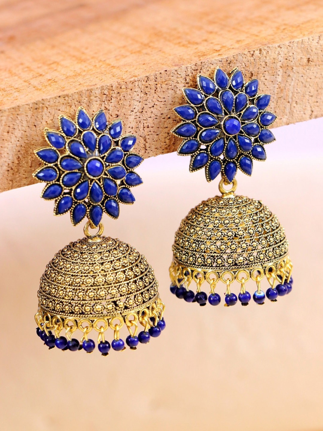 

Crunchy Fashion Women Blue & Gold-Plated Stone Studded Floral Jhumka Earrings