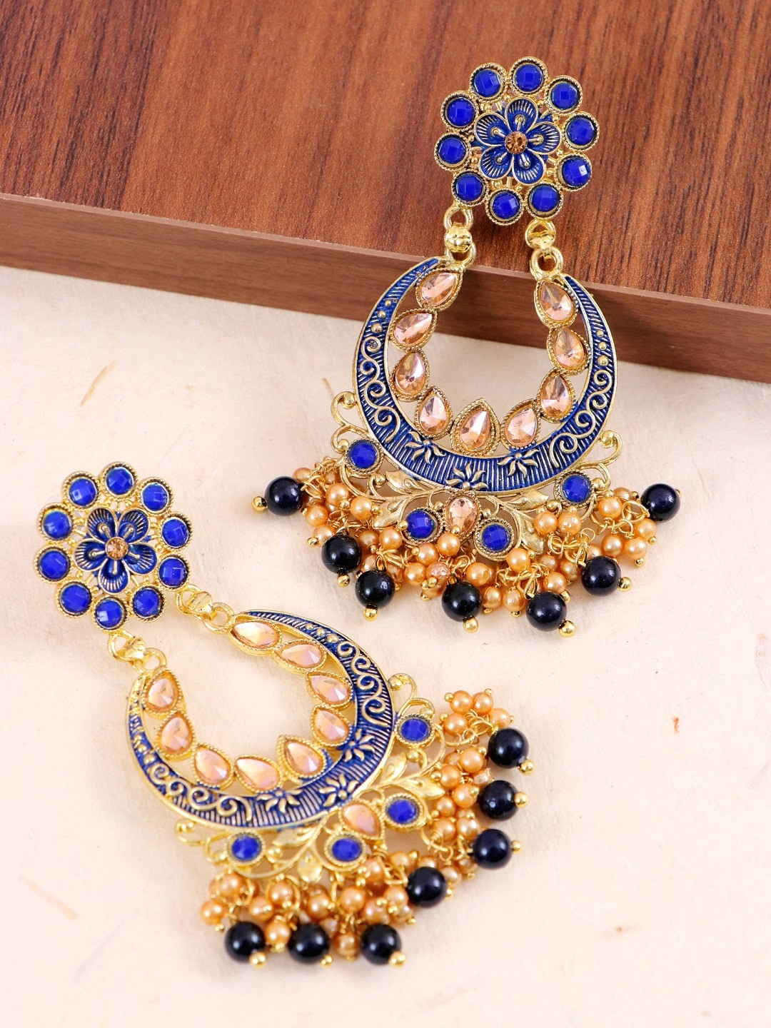 

Crunchy Fashion Blue & Gold-Toned Contemporary Chandbalis Earrings