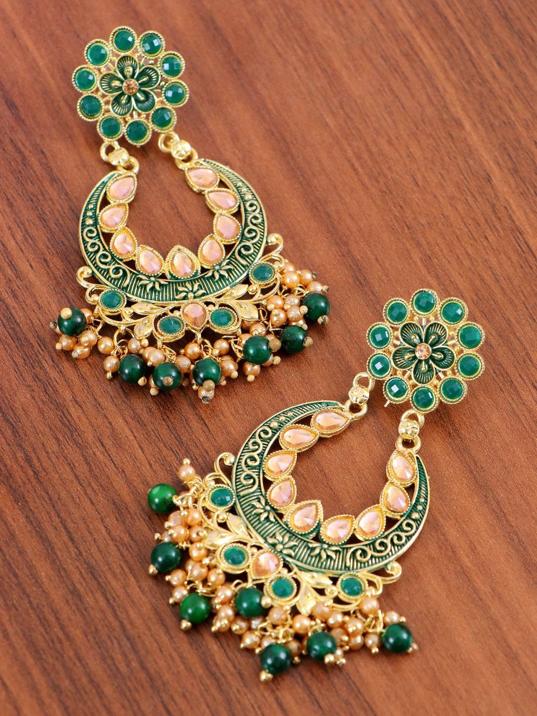 

Crunchy Fashion Gold-Plated Green & Peach-Coloured Kundan Chandbalis Earrings