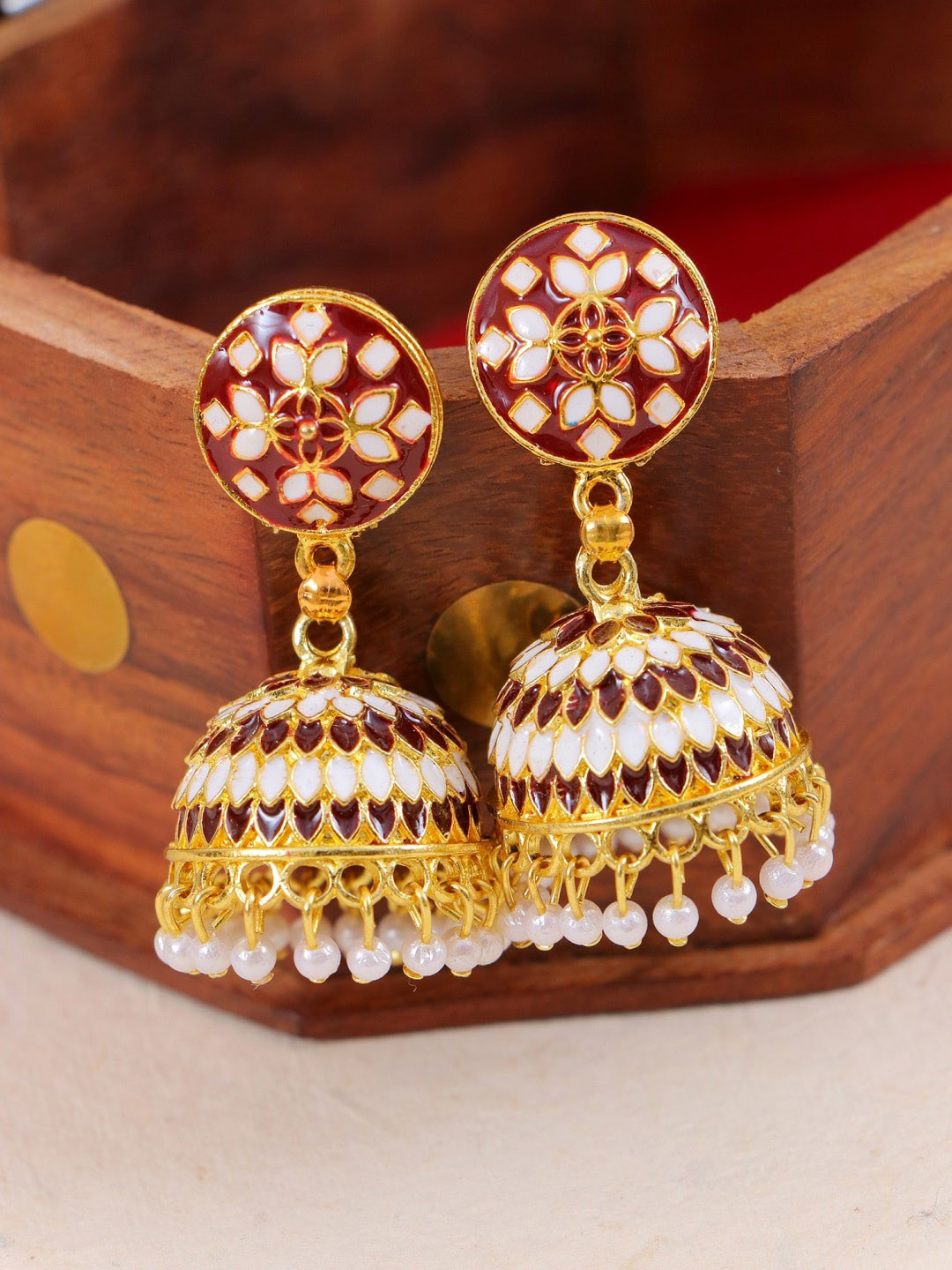 

Crunchy Fashion Maroon Gold-plated Meenakari & kundan Marron Jhumkas Earrings