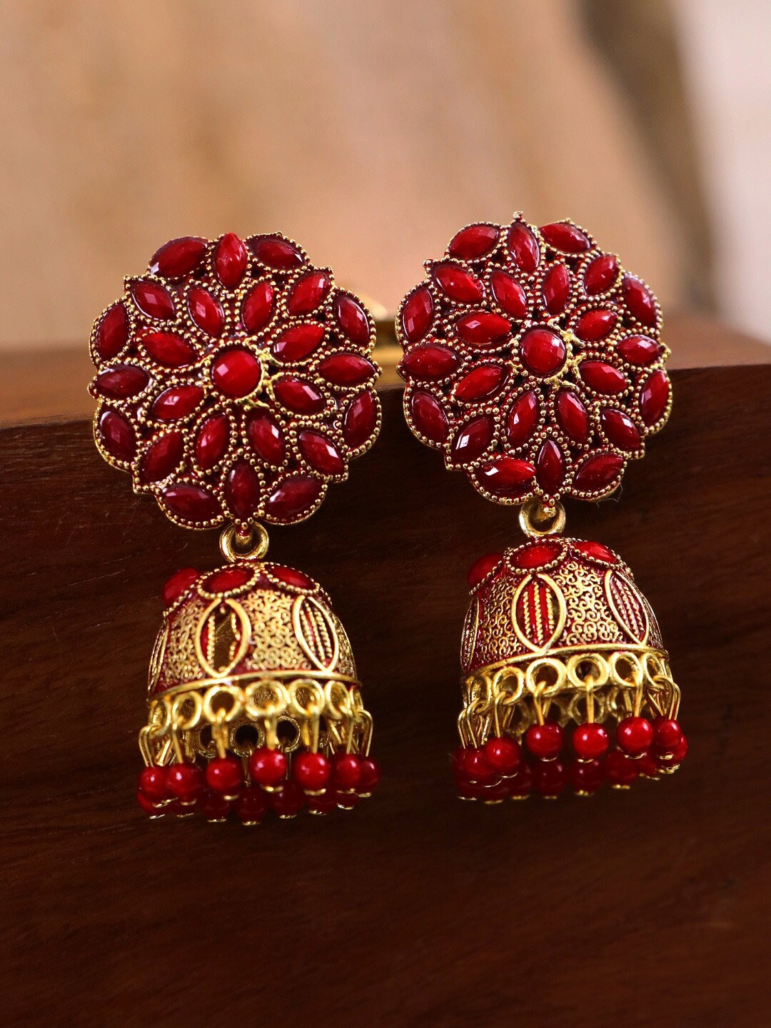 

Crunchy Fashion Maroon & Gold-Toned Contemporary Gold-Plated Jhumkas Earrings