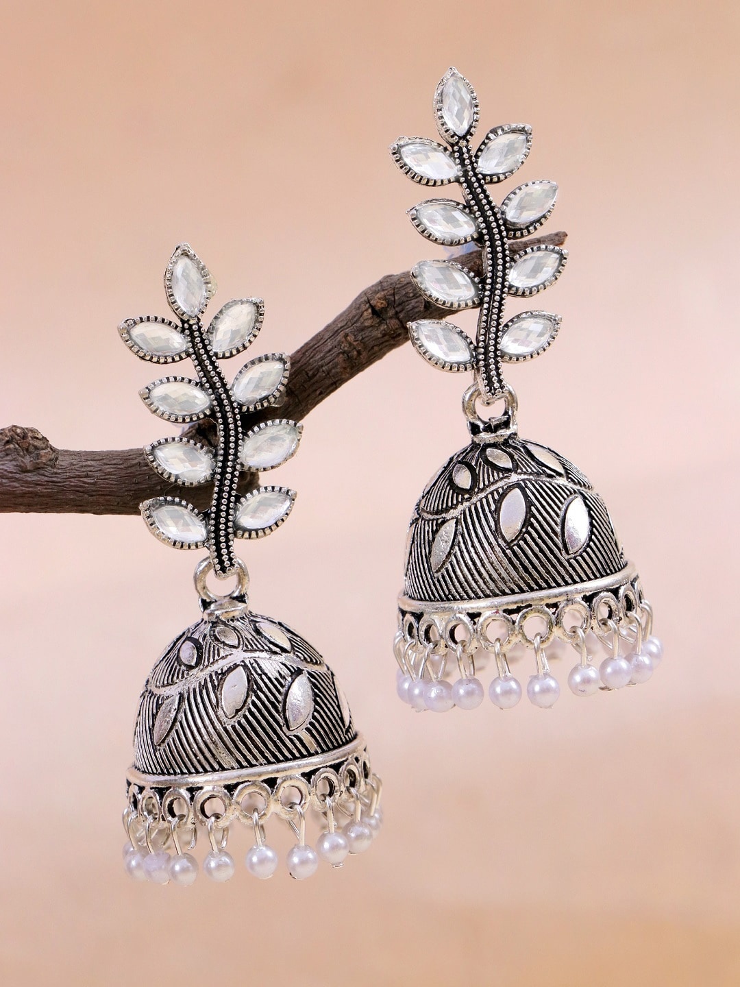 

Crunchy Fashion White & Silver-Plated Leaf Shaped Jhumkas Earrings