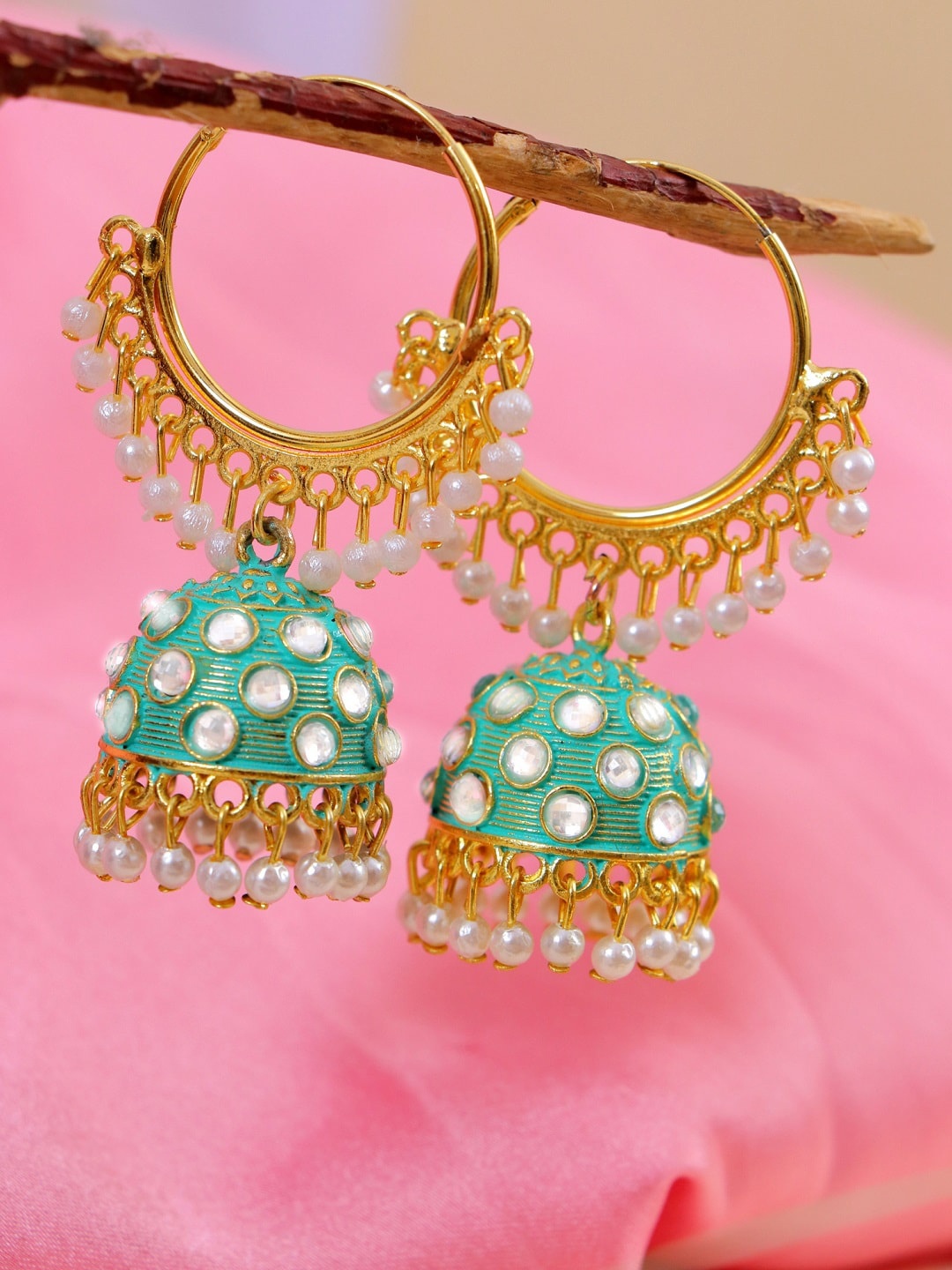 

Crunchy Fashion Green & Gold-Toned White Pearls Contemporary Jhumkas Earrings