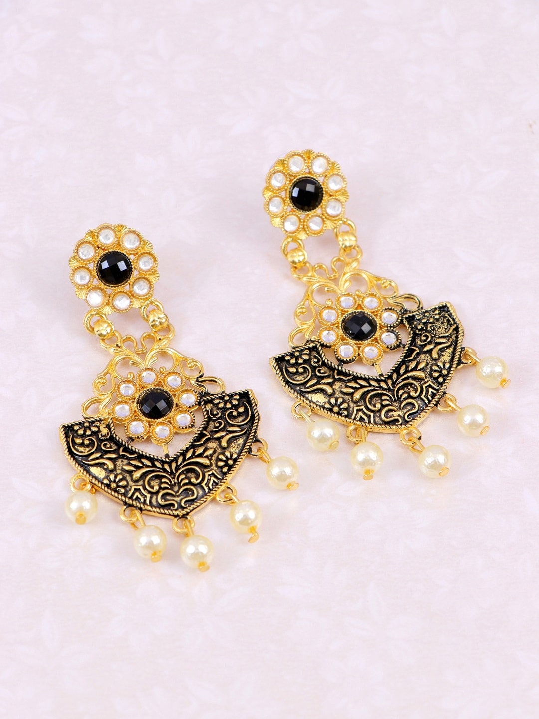 

Crunchy Fashion Black Kundan Studded Drop Earrings