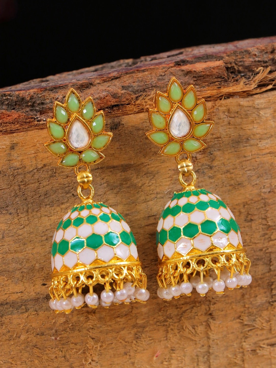 

Crunchy Fashion Green & Gold Plated Meenakari Domed Jhumka Earrings