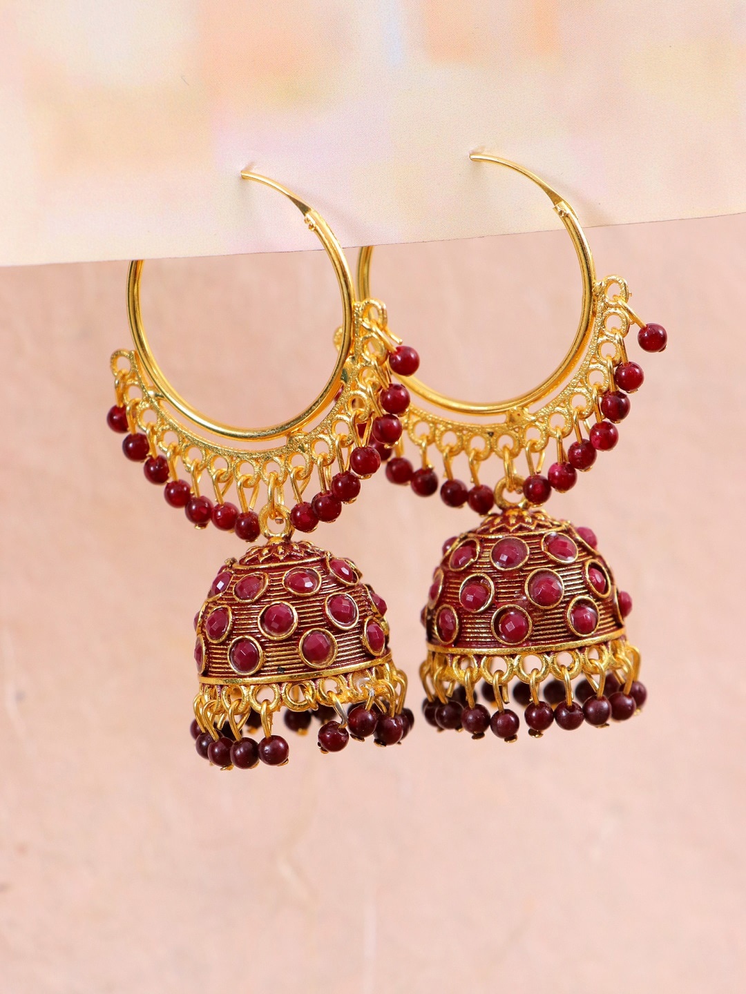 

Crunchy Fashion Maroon & Gold-Toned Contemporary Hoop Jhumkas Earrings