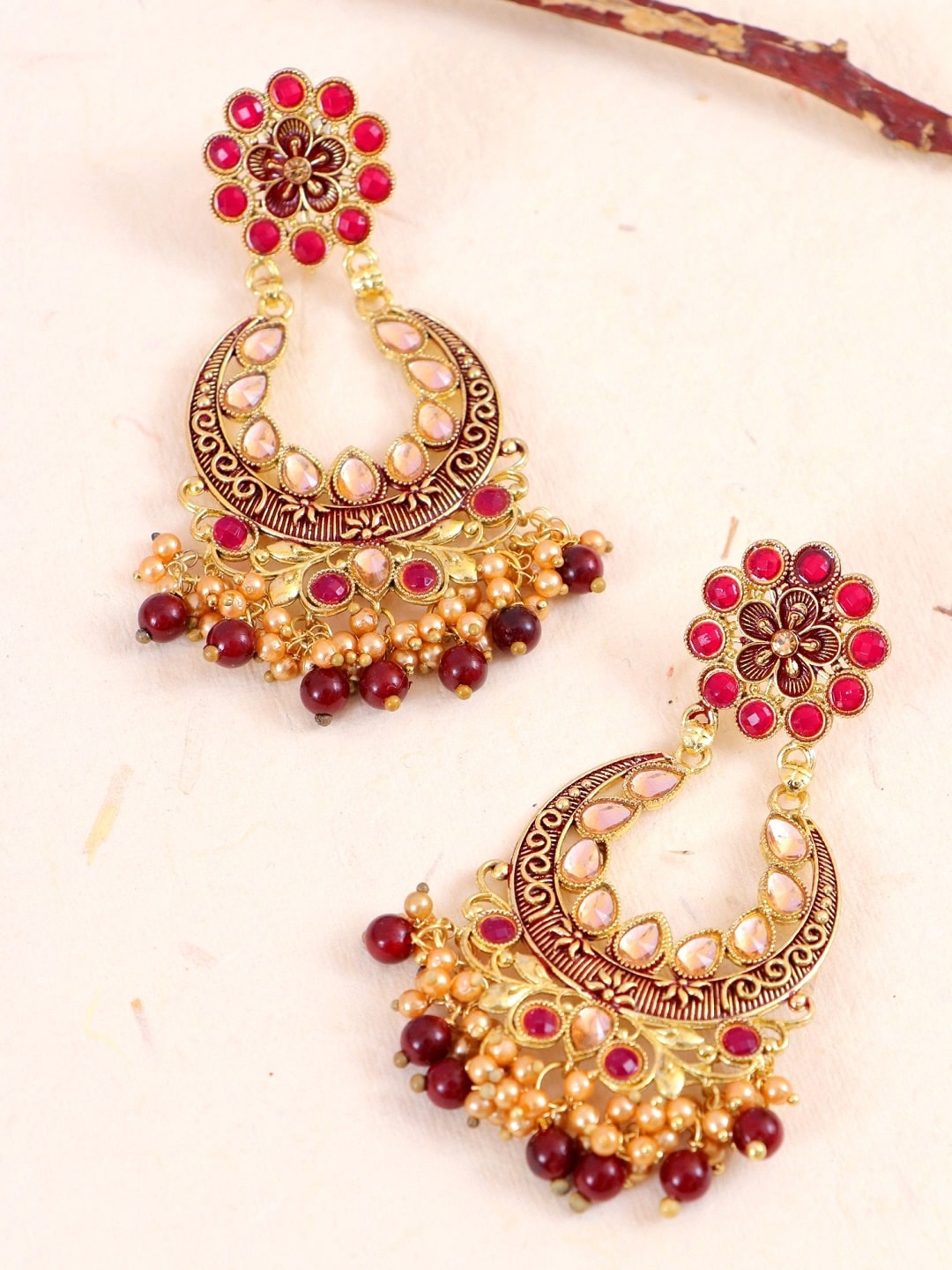 

Crunchy Fashion Maroon Contemporary Gold-Plated Chandbalis Earrings