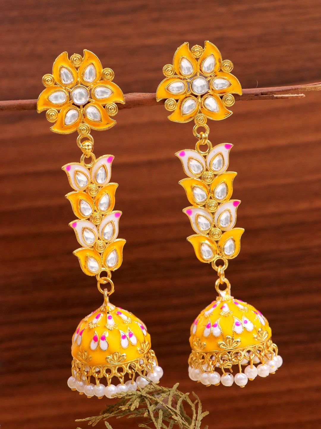 

Crunchy Fashion Yellow Gold-Plated Contemporary Jhumkas Earrings