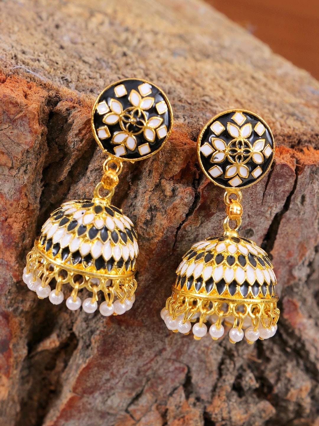 

Crunchy Fashion Gold-Plated Black & White Meenakari Pearls Jhumkas Earrings