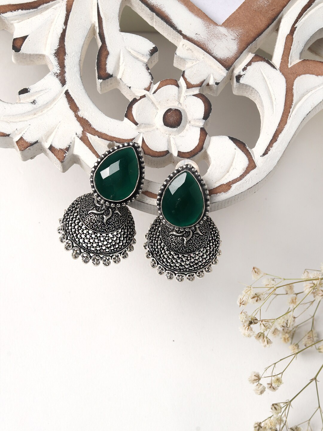

TEEJH Silver-Plated & Green Oxidised Dome Shaped Jhumkas