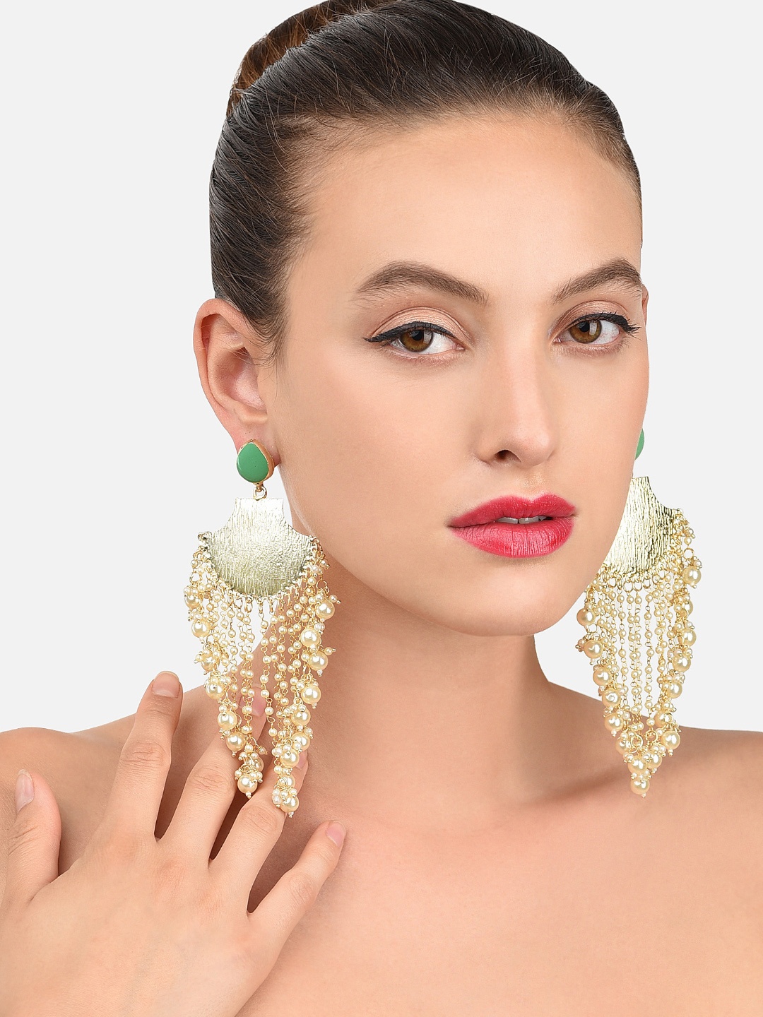 

Zaveri Pearls Green Stone & Pearl Chain Drops Earring