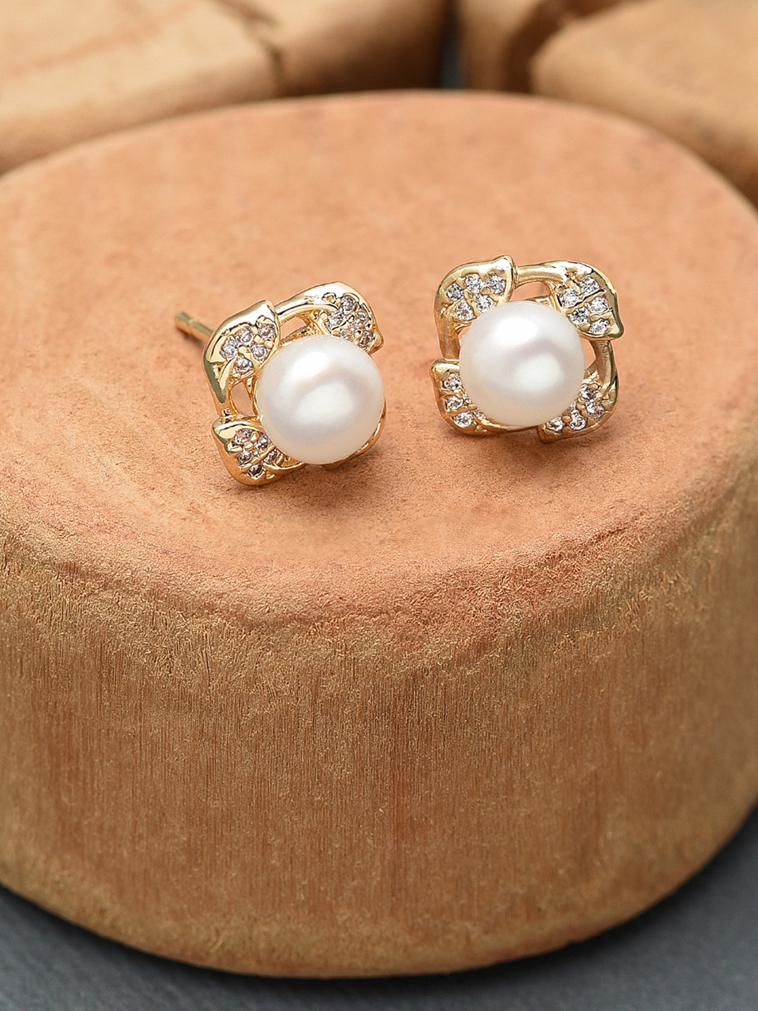 

Zaveri Pearls Gold-Plated White Freshwater Pearl & Cubic Zirconia Stud Earrings