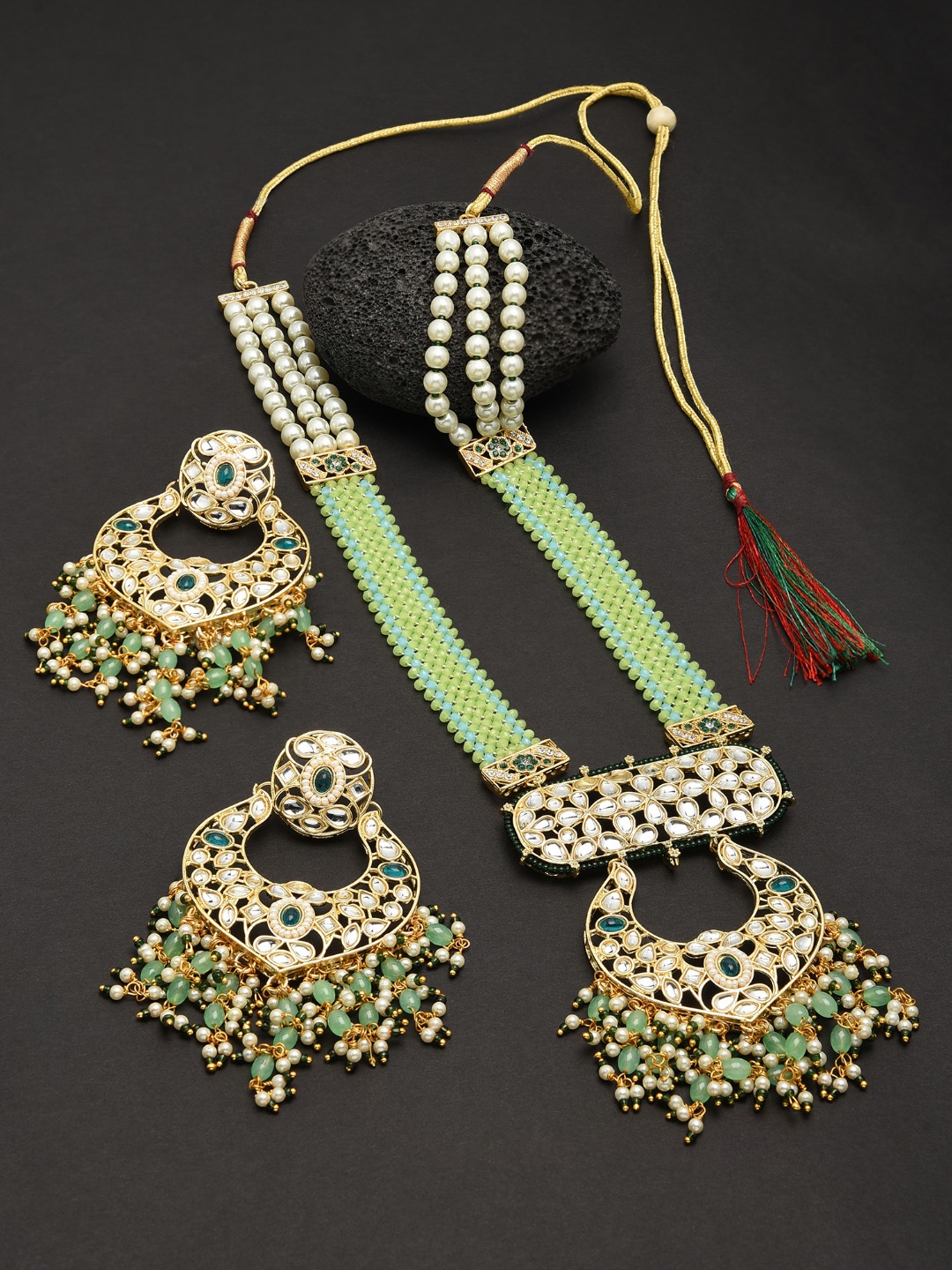

Zaveri Pearls Gold-Plated Green & White Stone-Studded & Pearl Beaded Jewellery Set