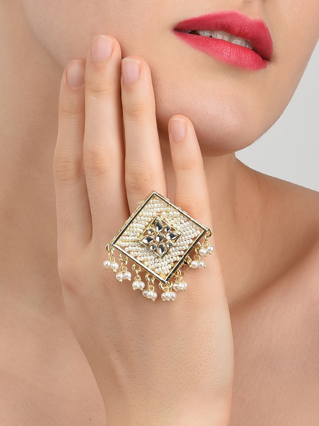 

Zaveri Pearls Gold-Plated & White Kundan-Studded Adjustable Finger Ring