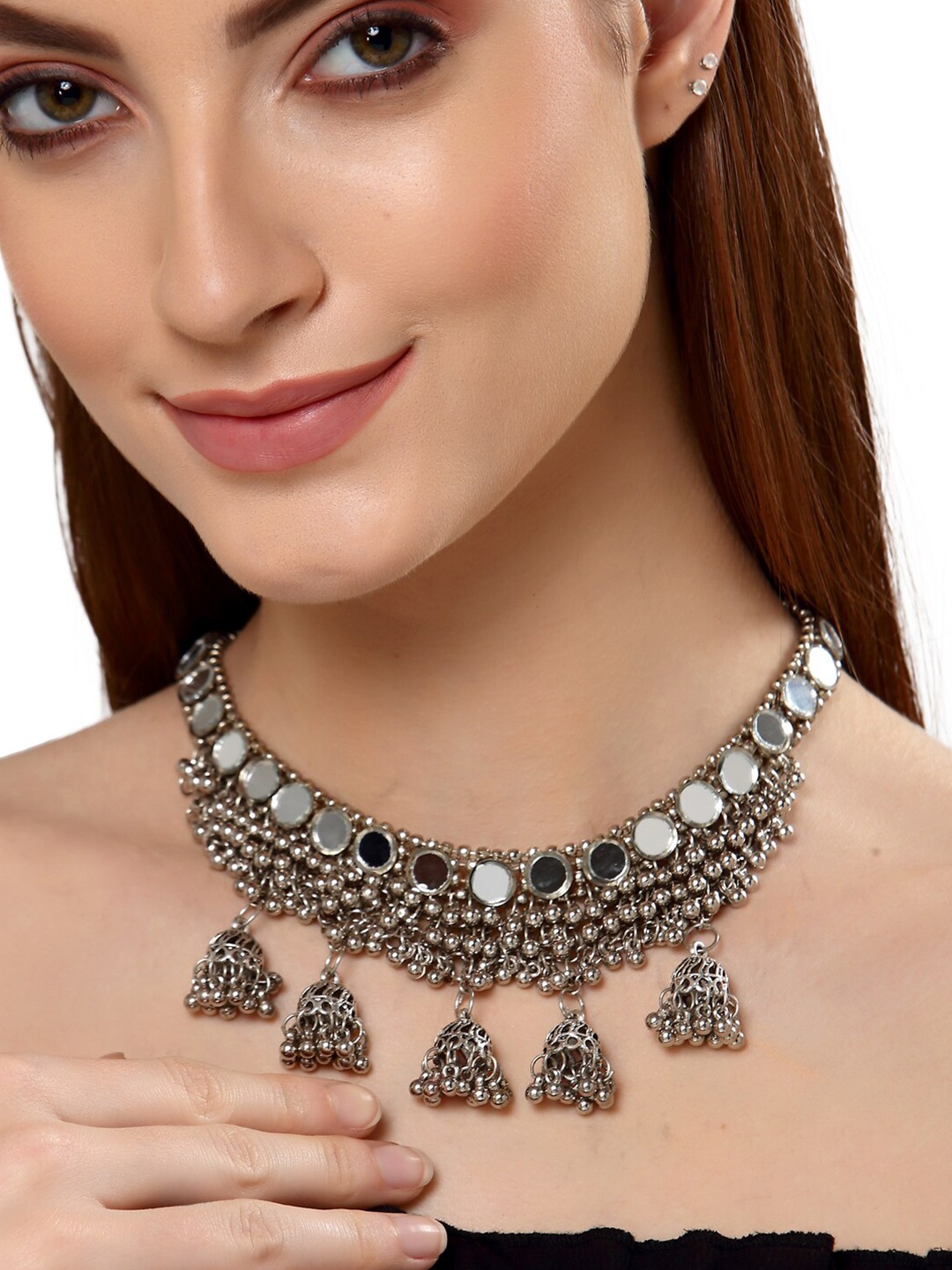 

Shining Diva Silver-Plated & White Oxidised Necklace