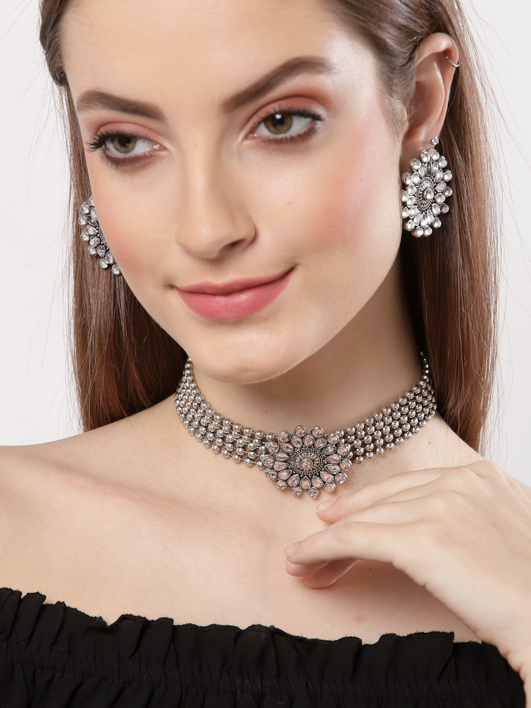 

Shining Diva Oxidised Silver-Toned White Stone-Studded Jewellery Set