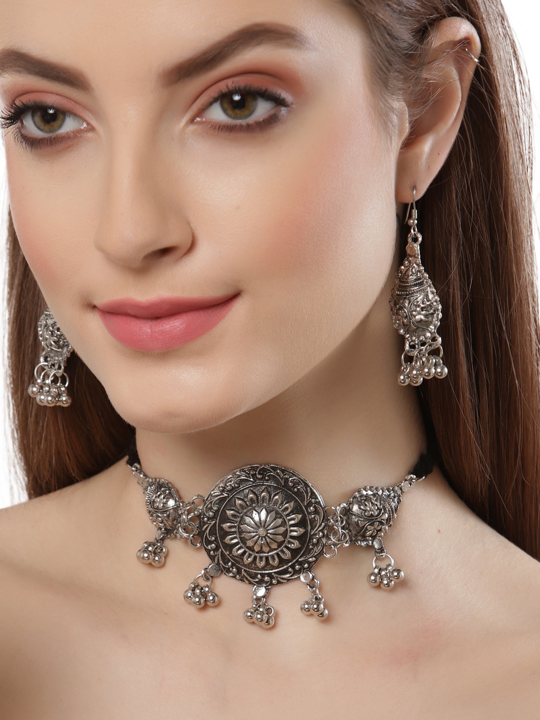 

Shining Diva Silver-Plated & Black Oxidised Jewellery Set