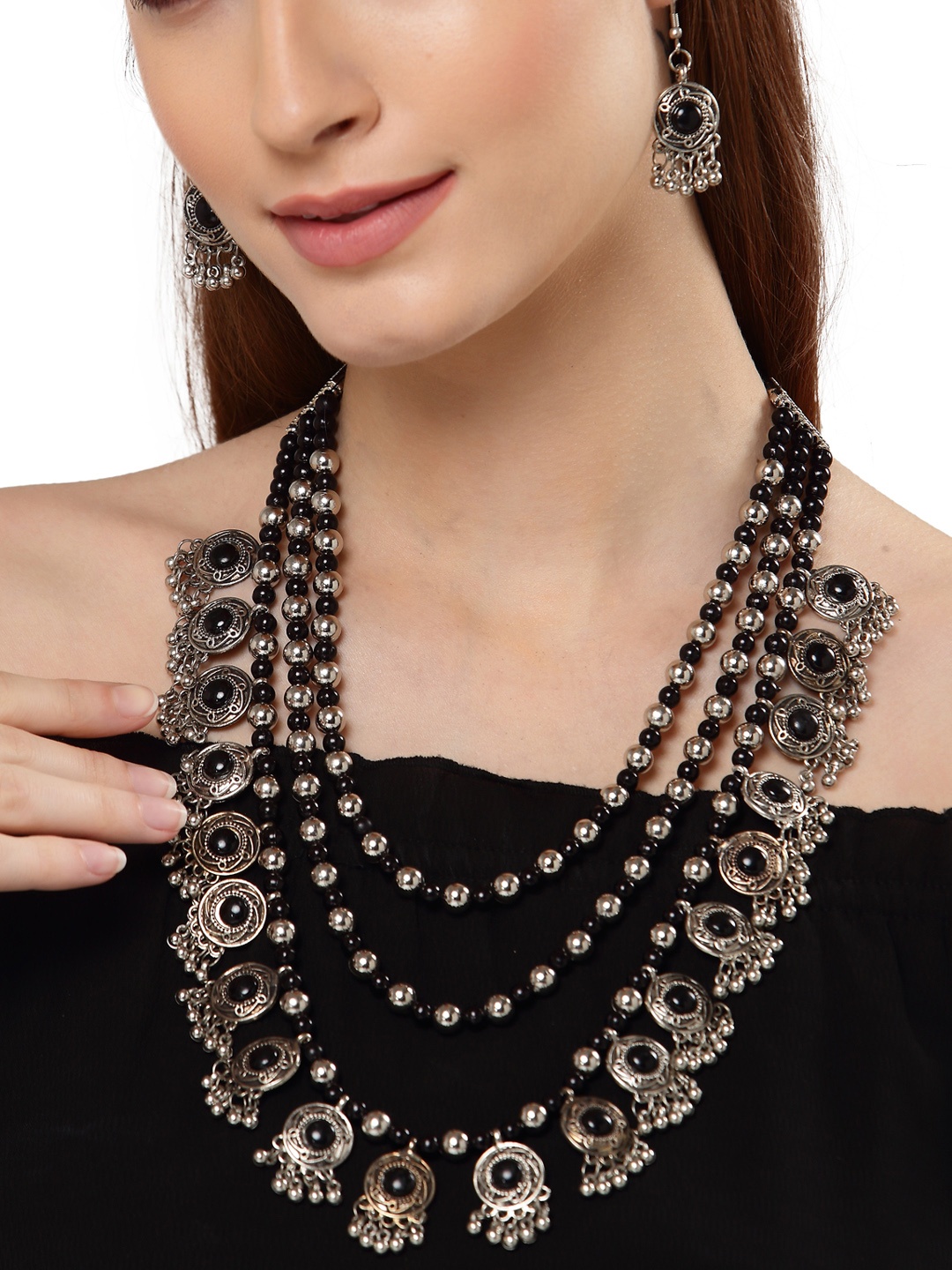 

Shining Diva Oxidised Silver-Plated Black Stone Studded & Beaded Jewellery Set